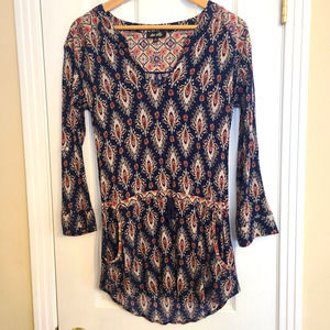 Dee Elle Abey Tie Waist Tunic Top, Boho Multi Color Roll Tab Sleeve, Size Small